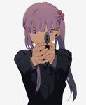  aiming_at_viewer bad_id bad_tumblr_id bangs black_jacket blunt_bangs finger_on_trigger formal grey_background gun hair_bobbles hair_ornament hirota_tsuu holding holding_gun holding_weapon jacket long_hair long_sleeves looking_at_viewer original purple_eyes purple_hair side_ponytail simple_background solo suit upper_body weapon 