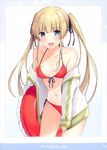  6u_(eternal_land) bangs bare_shoulders bikini blonde_hair blue_eyes blush bow bowtie collarbone eyebrows_visible_through_hair fang hair_bow highres holding innertube jacket long_sleeves looking_at_viewer navel off_shoulder open_clothes open_jacket open_mouth red_bikini saenai_heroine_no_sodatekata sawamura_spencer_eriri scan side-tie_bikini simple_background sleeves_past_wrists smile solo swimsuit twintails white_background 