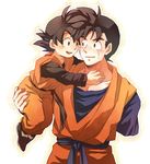  black_eyes black_hair brothers carrying dougi dragon_ball dragon_ball_z hug long_sleeves looking_at_another male_focus multiple_boys open_mouth raiku_(ugougomemomemo) scar short_hair siblings simple_background smile son_gohan son_goten spiked_hair white_background 