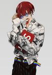  bad_tumblr_id bangs belt black_pants book clothes_writing collared_shirt cowboy_shot earrings glasses grey_background hair_between_eyes hand_up highres hirota_tsuu holding holding_book jewelry long_sleeves open_mouth original pants rainbow_gradient red_eyes red_hair shirt simple_background wing_collar 