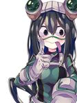 :p asui_tsuyu black_eyes black_hair bodysuit boku_no_hero_academia breasts commentary_request frog_girl gloves goggles goggles_on_head highres index_finger_raised long_hair long_tongue medium_breasts monika_(dennpasyounenn) simple_background solo tongue tongue_out upper_body white_background 