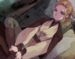  alley belt between_legs blonde_hair blue_eyes boots brown_footwear cape closed_mouth dutch_angle genderswap genderswap_(mtf) hand_between_legs hands_on_ankles katsuoboshi long_hair looking_at_viewer obi-wan_kenobi robe sitting solo star_wars 