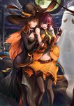  &gt;_&lt; :d arm_belt ascot bangs bare_shoulders black_gloves black_legwear blunt_bangs breasts brown_hair choker cityscape cleavage closed_mouth collared_shirt comforting commentary_request cowboy_shot crescent cross cross_necklace elbow_gloves ghost girls_frontline gloves green_eyes grey_gloves halloween halloween_costume hand_on_another's_arm hand_on_another's_shoulder hands_up hat hat_ornament highres jewelry large_breasts looking_at_another m1903_springfield_(girls_frontline) midriff multiple_girls navel navel_cutout necklace open_mouth pantyhose parted_lips pumpkin purple_hair purple_neckwear red_eyes renze_l scared shirt sidelocks signature simple_background smile standing star_hat_ornament v-shaped_eyebrows wa2000_(girls_frontline) white_background wide_hips wind wing_collar witch_hat xd 
