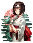  bangs black_hair blunt_bangs body_writing bridal_gauntlets deer_(deer423-81) flower japanese_clothes kimono looking_at_viewer nora_(noragami) noragami obi red_eyes sash short_hair smile solo spider_lily triangular_headpiece 