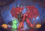  bag detailed_background dragon duo feral grin horn jack-o-lantern male red_scales scales scritt smile tree twintailcreations 
