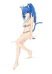  absurdres animal_ears artist_name barefoot bili_girl_22 bilibili_douga blue_hair blush breasts cat_ears cat_tail cleavage closed_mouth collarbone eyebrows_visible_through_hair full_body highres large_breasts long_hair looking_at_viewer mien_(user_nwau4723) navel ponytail red_eyes smile solo tail 