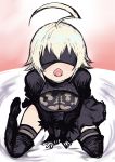  1girl ahoge black_dress black_footwear black_legwear blazblue blindfold blonde_hair blush boots breasts cleavage cleavage_cutout cosplay covered_eyes dress es_(xblaze) huge_ahoge johan_(johan13) large_breasts looking_at_viewer nier_(series) nier_automata open_mouth see-through sitting solo thigh_boots thighhighs thighhighs_under_boots v_arms wariza xblaze xblaze_code:_embryo yorha_no._2_type_b yorha_no._2_type_b_(cosplay) 