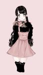  animal_band_legwear animal_print bangs black_hair black_legwear black_sweater blunt_bangs blush cat_band_legwear cat_print cropped_legs dress grey_eyes hand_up heart heart_print highres long_hair looking_at_viewer low_twintails mole mole_under_eye original parted_lips pinafore_dress pink_background pink_skirt shikishima_(eiri) sidelocks simple_background skirt solo suspenders sweater tareme thighhighs thighs twintails 