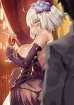  1girl ahoge alcohol ass back bare_shoulders black_panties blurry blurry_foreground blush breasts closed_mouth cup curtains depth_of_field dress drinking_glass elbow_gloves eyebrows_visible_through_hair fate/grand_order fate_(series) flower from_behind fujimaru_ritsuka_(male) gloves hair_flower hair_ornament indoors jacket jeanne_d'arc_(alter)_(fate) jeanne_d'arc_(fate)_(all) large_breasts looking_back nanaya_(daaijianglin) panties purple_dress purple_gloves see-through short_hair standing thong underwear white_jacket wine yellow_eyes 