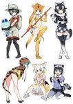  :&lt; :d absurdres animal_ears aqua_eyes aqua_hair ass backpack bag between_legs black_gloves black_hair black_legwear black_skirt blonde_hair blue_eyes bow bowtie breast_hold breasts brown_eyes circlet commentary_request common_raccoon_(kemono_friends) crossed_legs elbow_gloves extra_ears eyebrows_visible_through_hair fennec_(kemono_friends) food fox_ears fox_tail fur_collar geta gloves golden_snub-nosed_monkey_(kemono_friends) gradient_legwear grey_hair grey_wolf_(kemono_friends) hair_between_eyes hand_between_legs hands_in_pockets hat hat_feather helmet heterochromia highres holding holding_pen japari_bun kaban_(kemono_friends) kemono_friends kneepits leaning_forward leotard long_hair looking_at_viewer lucky_beast_(kemono_friends) multicolored_hair multiple_girls open_mouth orange_gloves orange_hair orange_legwear pantyhose pantyhose_under_shorts pen pith_helmet plaid plaid_skirt pleated_skirt ponytail red_shirt saruchitan shirt short_hair shorts simple_background sitting skirt small_breasts smile snake_tail staff standing standing_on_one_leg striped_hoodie striped_tail tail tengu-geta thighhighs tsuchinoko_(kemono_friends) very_long_hair watson_cross white_background white_hair white_shorts wolf_ears wolf_tail yellow_eyes yellow_leotard yellow_neckwear 