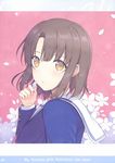  6u_(eternal_land) bangs blush brown_eyes brown_hair flower highres holding katou_megumi long_sleeves looking_at_viewer looking_back parted_lips petals pink_background saenai_heroine_no_sodatekata sailor_collar scan school_uniform short_hair simple_background solo upper_body 