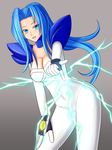  1girl artist_request blue_eyes blue_hair bodysuit breasts chris_ryan cleavage electricity gloves grey_background leaning leaning_forward long_hair looking_at_viewer open_mouth parted_lips pauldrons ponytail psychic_force shiny shiny_hair simple_background smile solo sonia_(chris_ryan) very_long_hair 