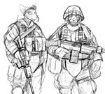  anthro armor black_and_white canine cat dog duo feline gun helmet hladilnik male mammal military monochrome ranged_weapon rifle shaved weapon 