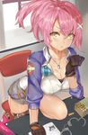 ashu black_gloves blush breasts bullet chair cleavage collarbone commentary_request cuffs eiyuu_densetsu gloves hair_ornament handcuffs jacket jewelry juna_crawford large_breasts leaning_forward looking_at_viewer necklace parted_lips pink_hair ponytail sen_no_kiseki sen_no_kiseki_3 solo v-shaped_eyebrows x_hair_ornament yellow_eyes 