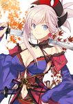  asymmetrical_hair autumn_leaves blue_eyes blue_kimono closed_mouth commentary_request cowboy_shot detached_sleeves earrings fate/grand_order fate_(series) hair_ornament highres holding holding_sword holding_weapon japanese_clothes jewelry katana kimono leaf_print looking_at_viewer magatama maple_leaf_print miyamoto_musashi_(fate/grand_order) navel_cutout nikame obi over_shoulder pink_hair ponytail sash sleeveless sleeveless_kimono smile solo sword weapon weapon_over_shoulder wide_sleeves 