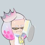  cake colo_(nagrolaz) crown domino_mask fingerless_gloves food food_on_face gloves grimace highres hime_(splatoon) mask mole mole_under_mouth multiple_girls splatoon_(series) splatoon_2 tentacle_hair white_hair yellow_eyes zipper 