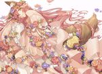  animal_ears bangs bare_shoulders blurry closed_mouth commentary_request depth_of_field detached_sleeves dress fate/grand_order fate_(series) flower fox_ears fox_tail from_above hair_between_eyes hair_flower hair_ornament head_wreath high_heels highres hino_hinako leaf light_smile long_hair long_sleeves looking_at_viewer lying on_side parted_bangs pink_dress pink_flower pink_hair purple_flower ribbon shiny shiny_hair single_thighhigh solo strapless strapless_dress striped tail tamamo_(fate)_(all) tamamo_no_mae_(fate) tareme thighhighs very_long_hair white_background white_footwear white_legwear white_ribbon wide_sleeves yellow_eyes yellow_flower 