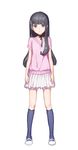  arms_at_sides black_eyes black_hair full_body hair_ornament highres kneehighs long_hair navy_blue_legwear nekotama_(artist) original pink_sweater short_sleeve_sweater skirt solo standing sweater white_footwear white_skirt 