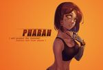  bare_shoulders braid breasts character_name cleavage collarbone dark_skin english eye_of_horus facial_tattoo hair_tubes highres knightzzz large_breasts lips looking_at_viewer mechanical_arm orange_background overwatch parted_lips pharah_(overwatch) short_hair solo sports_bra tattoo twin_braids upper_body yellow_eyes 