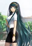  1girl alone black_skirt bracelet bridge building cleopatra_(fate/grand_order) clouds earrings fate/grand_order fate_(series) female green_eyes green_hair headband hips long_hair office_lady outdoors outside shirt sideboob skirt sky solo trees white_shirt 