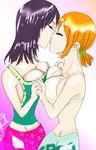  2girls ass black_hair blonde_hair breast_press breasts eyes_closed feet hand_on_back hips kiss legs medium_breasts multiple_girls nami_(one_piece) nico_robin nipples nude on_to one_piece yuri 