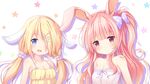  :d animal_ears arms_at_sides bangs bare_shoulders blonde_hair blue_eyes blunt_bangs blush bow breasts bunny_ears cleavage closed_mouth collarbone ears_down eyebrows_visible_through_hair floral_background hair_bow hair_ornament hair_over_one_eye hair_scrunchie hairclip head_tilt long_hair looking_at_viewer low_twintails medium_breasts multiple_girls nekono_rin one_side_up open_mouth original pink_hair polka_dot polka_dot_bow purple_bow red_eyes scrunchie shirt simple_background sleeveless smile spaghetti_strap strapless tubetop twintails very_long_hair white_background white_scrunchie white_shirt 