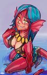  andava bikini biting_lip breasts cleavage clothed clothing ear_fins female fin gills green_hair hair humanoid long_hair looking_at_viewer marine nyota_(nano) red_skin sarong smile solo swimsuit wet yellow_eyes 