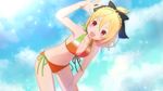  :d arm_up bent_over bikini black_bow blonde_hair bow breasts cleavage cloud cloudy_sky collarbone day fang felt_(re:zero) game_cg hair_between_eyes hair_bow highres lens_flare navel official_art open_mouth outdoors re:zero_kara_hajimeru_isekai_seikatsu red_eyes shiny shiny_skin short_hair short_ponytail side-tie_bikini sky small_breasts smile solo swimsuit 