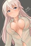  artist_name bangs blonde_hair blue_eyes breasts breasts_apart closed_mouth dress_shirt dutch_angle eyebrows_visible_through_hair hanna-justina_marseille haruhata_mutsuki large_breasts long_hair looking_at_viewer lowres naked_shirt no_bra open_clothes open_shirt shirt signature solo standing strike_witches twitter_username upper_body wet wet_clothes white_shirt world_witches_series 
