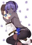  ass black_hairband body_pillow breasts dark_skin fate/grand_order fate/prototype fate/prototype:_fragments_of_blue_and_silver fate_(series) fujimaru_ritsuka_(male) hairband hassan_of_serenity_(fate) highres mask mask_removed object_hug purple_eyes purple_hair riyo_(lyomsnpmp)_(style) sideboob small_breasts takehana_note 