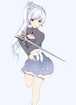  blue_dress blue_eyes breasts cleavage dress earrings eyebrows_visible_through_hair hair_ornament high_ponytail highres holding holding_sword holding_weapon jewelry left-handed leg_up long_hair myrtenaster rwby scar scar_across_eye short_dress silver_hair sketch small_breasts solo standing sword very_long_hair weapon weiss_schnee yui_tsuda 