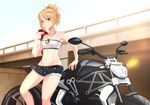  bare_shoulders blonde_hair braid bridge bustier cutoffs ducati fate/apocrypha fate_(series) gan-viking green_eyes groin ground_vehicle highres jacket_over_shoulder looking_at_viewer midriff mordred_(fate) mordred_(fate)_(all) motor_vehicle motorcycle mouth_hold navel outdoors ponytail short_hair short_shorts shorts sitting solo 