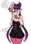  1girl absurdres aori_(splatoon) blush colo_(nagrolaz) commentary detached_collar domino_mask fangs food food_on_head hands_on_own_cheeks hands_on_own_face highres mask mole mole_under_eye object_on_head pantyhose pointy_ears short_jumpsuit splatoon_(series) splatoon_1 squid sushi tentacle_hair unitard 