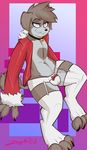  2017 anthro balls blush butt canine claws clothed clothing collar digital_media_(artwork) dog doggomeatball eyeshadow fur holidays looking_at_viewer makeup male mammal simple_background smile solo thick_thighs tongue underwear yellow_eyes 