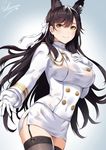  animal_ears artist_name atago_(azur_lane) azur_lane black_hair blue_background breasts brown_eyes commentary_request covered_nipples cowboy_shot extra_ears garter_straps gloves hair_ribbon jacket large_breasts long_hair long_sleeves looking_at_viewer military military_uniform miniskirt mole mole_under_eye naval_uniform outstretched_arm pencil_skirt ribbon sakiyamama simple_background skirt smile solo thighhighs uniform white_background white_gloves white_jacket zettai_ryouiki 