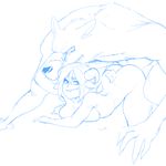  animal_humanoid anthro ass_up blue_and_white breasts canine caprine duo female goat_humanoid hi_res humanoid male male/female mammal monochrome mrpotatoparty muscular nude sex sketch smile 