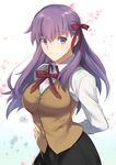  bangs black_skirt blush bow brown_vest closed_mouth commentary_request cowboy_shot fate/stay_night fate_(series) hair_bow highres homurahara_academy_uniform long_hair long_sleeves looking_at_viewer matou_sakura nikame purple_eyes purple_hair red_bow school_uniform skirt smile solo vest 