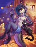  5_fingers anthro barefoot blue_hair cat clothed clothing detailed_background duo feline hair halloween holidays imanika male mammal night red_eyes shorts topless unknown_species watermark 