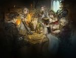  4girls absurdres alfyn_(octopath_traveler) blonde_hair brown_hair candle cyrus_(octopath_traveler) everyone fireplace h'aanit_(octopath_traveler) highres ikusy map multiple_boys multiple_girls octopath_traveler official_art olberic_eisenberg ophilia_(octopath_traveler) pointing primrose_azelhart square_enix sword table therion_(octopath_traveler) tressa_(octopath_traveler) weapon 