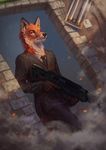  2017 5_fingers anthro canine clothed clothing detailed_background digital_media_(artwork) fox fur gun holding_object holding_weapon latex_(artist) male mammal orange_fur ranged_weapon solo standing weapon 