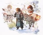  3boys bird bravely_default:_flying_fairy bravely_default_(series) brothers brown_hair bug company_connection creator_connection crossover dragonfly duck everyone fence highres ikusy insect mole mole_under_mouth multiple_boys multiple_girls octopath_traveler official_art olberic_eisenberg pointing primrose_azelhart riding sheep siblings smile spiked_hair square_enix til_oria tiz_oria 