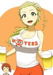  alcohol beer blonde_hair blush bouncing_breasts brand_name_imitation breasts brown_eyes brown_hair cleavage drink girls_und_panzer green_eyes groin hair_pulled_back highres hooters kawanishi_shinobu large_breasts looking_at_viewer multiple_girls open_mouth ringer3727 sasaki_akebi smile sweat tank_top 