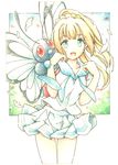  blonde_hair butterfree gen_1_pokemon green_eyes highres lillie_(pokemon) long_hair open_mouth petals pokemoart pokemon pokemon_(creature) pokemon_(game) pokemon_sm ponytail shirt short_sleeves skirt white_shirt white_skirt 