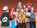  \m/ akagi_(pokemon) aogiri_(pokemon) bandana beard black_hair blue_hair bucket_hat casual crossed_arms eyewear_on_head facial_hair fleur-de-lis_(pokemon) geechisu_(pokemon) gradient gradient_background guzma_(pokemon) hat hawaiian_shirt male_focus matsubusa_(pokemon) multiple_boys mustache pokemon pokemon_(game) pokemon_usum red_hair rotom rotom_dex sakaki_(pokemon) shirt shirtless simple_background sunglasses tank_top team_rainbow_rocket waving white_hair you_(pokemon) yurei-tekina_nanika 