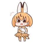  1girl :d animal_ears bangs bare_shoulders batta_(ijigen_debris) blush brown_eyes chibi commentary elbow_gloves extra_ears eyebrows_visible_through_hair full_body gloves high-waist_skirt kemono_friends looking_at_viewer nervous_smile open_mouth orange_hair orange_legwear orange_skirt serval_(kemono_friends) serval_ears serval_print serval_tail shirt short_hair simple_background skirt sleeveless sleeveless_shirt smile solo standing surprised sweatdrop tail thighhighs trembling undressing v-shaped_eyebrows white_background white_shirt 
