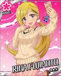  black_eyes blonde_hair blush card_(medium) character_name fujimoto_rina idolmaster idolmaster_cinderella_girls long_hair smile stars sweater 