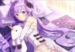  absurdres ahoge ass azur_lane bangs bed bedroom black_bow blush bow breasts chinchongcha dress eyebrows_visible_through_hair highres long_hair looking_at_viewer lying medium_breasts on_side petals pillow purple_eyes purple_hair shiny signature solo sparkle unicorn_(azur_lane) very_long_hair wavy_hair 