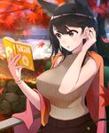  alternate_costume atago_(azur_lane) autumn_leaves azur_lane bangs black_hair book breasts brown_eyes casual commentary_request covered_nipples day hair_tucking highres holding holding_book large_breasts leaf maple_leaf mappaninatta mole mole_under_eye open_book outdoors reading revision ribbed_sweater sleeveless solo sweater swept_bangs turtleneck turtleneck_sweater 