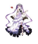  bare_shoulders beads black_flower blush bracelet dress fate/grand_order fate/hollow_ataraxia fate_(series) flower frills hairband heart jewelry liu_chi_tiantang_fr lolita_hairband long_hair looking_at_viewer one_eye_closed open_mouth purple_eyes purple_hair sandals smile solo stheno twintails very_long_hair white_background white_dress 