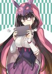  bangs black_hair blunt_bangs blush breasts brown_hair commentary_request cowboy_shot fate/grand_order fate_(series) glasses gradient_hair highres hood large_breasts long_hair looking_at_viewer low_twintails multicolored_hair nikame osakabe-hime_(fate/grand_order) purple_eyes purple_skirt skirt solo twintails v-shaped_eyebrows very_long_hair 